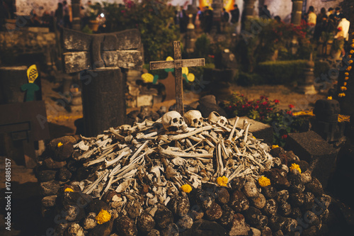 Unidentified pile of skulls and bones for the Mexican Day of the dead ceremony