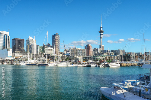 Auckland Harbor and Sky tower, the landmark in NZ. photo