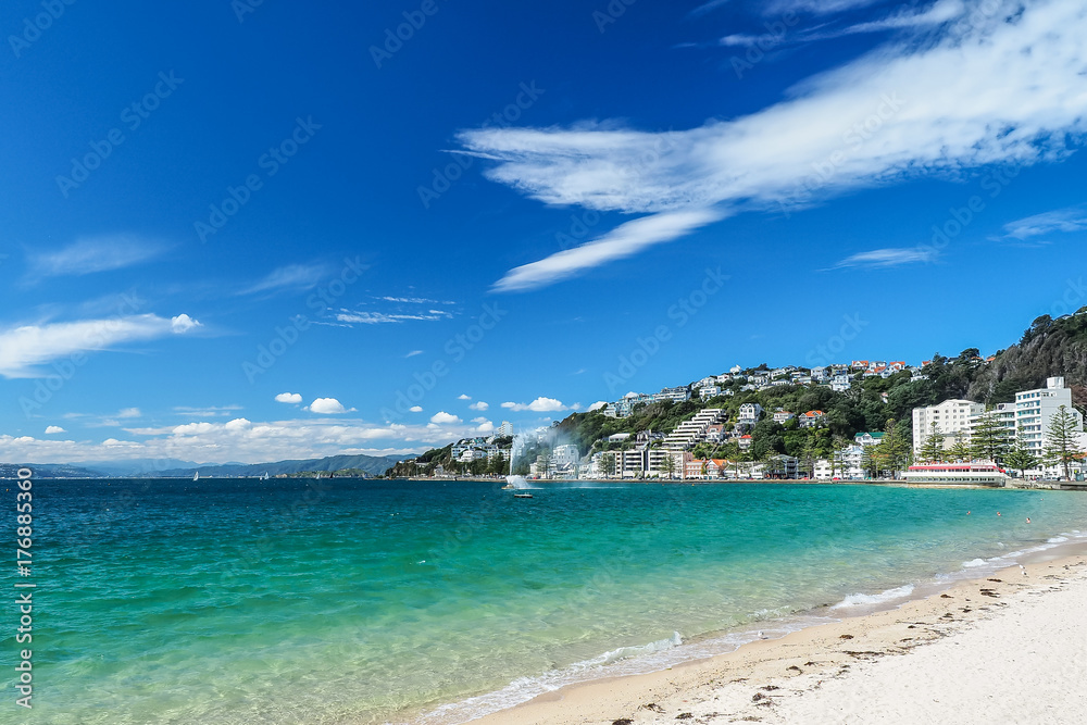 Golden beach at Oriental Bay in Wellington, New Zealand.