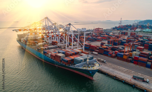 Print op canvas container ship in import export and business logistic