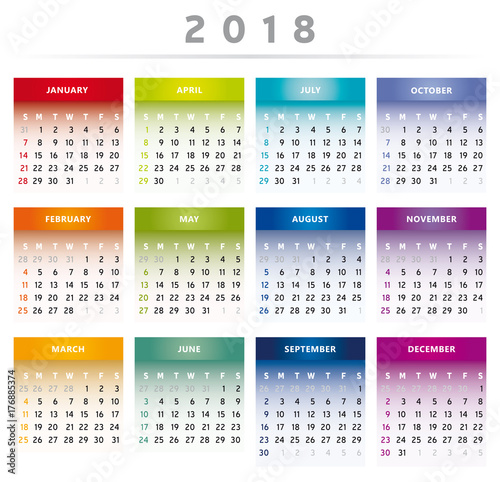 Calendrier 2018 en Anglais - Format Tableau Couleurs Arc-en-Ciel - 4 Trimestres - 4 Colonnes