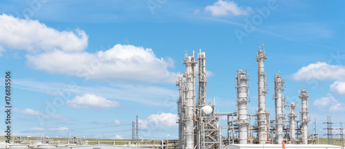 Oil refinery, oil factory, petrochemical plant in Pasadena, Texas, USA under cloud blue sky. Panorama style. photo