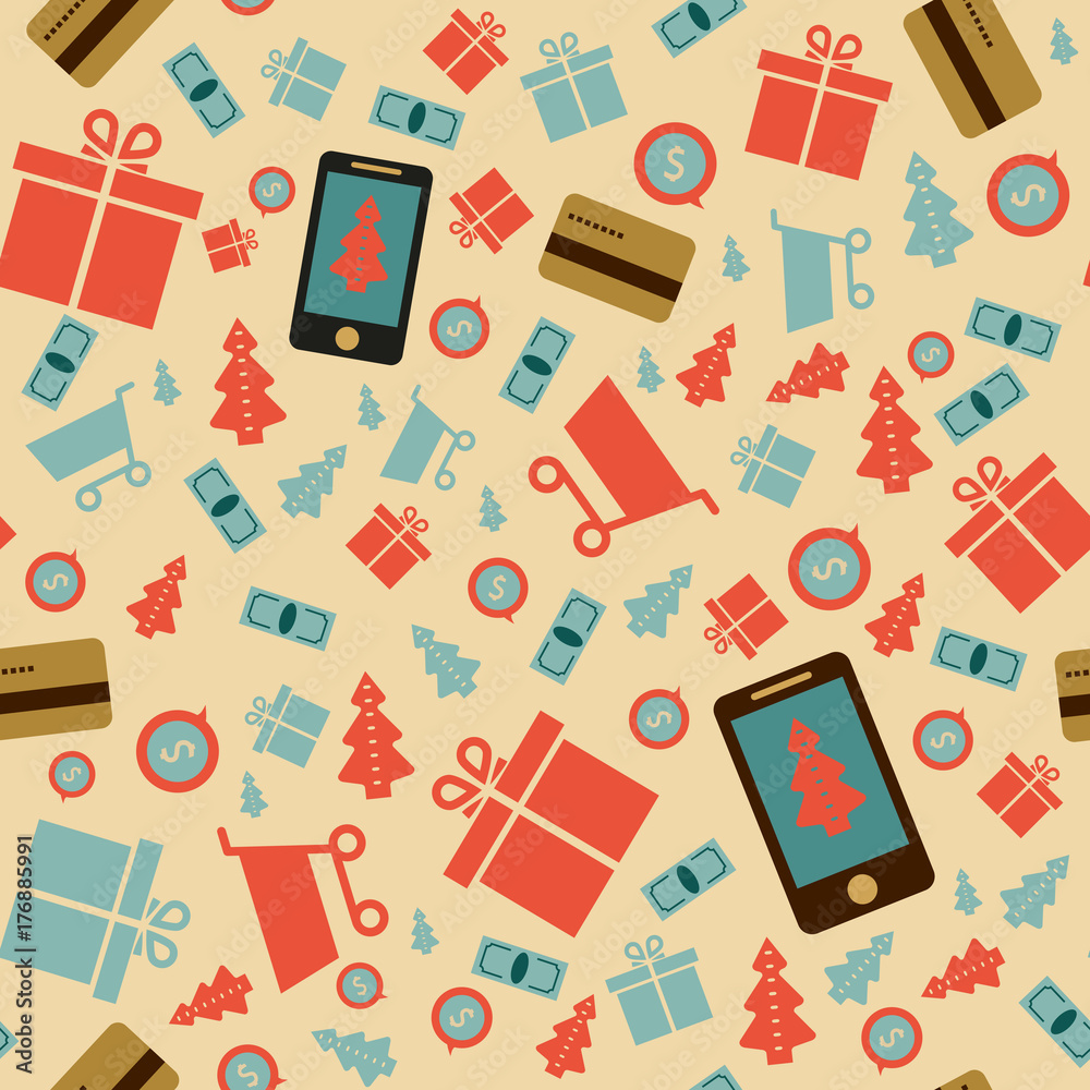 Smartphone, cards, money, shopping, baskets, gifts: the concept of modern shopping. seamless pattern.