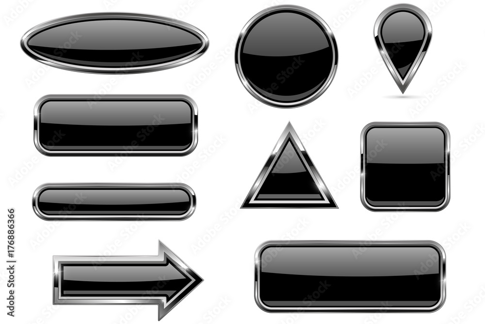 Black buttons set. Glass icons with metal frame