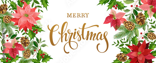 Christmas design composition of poinsettia, fir branches, cones, holly and other plants. Cover, invitation, banner, greeting card.