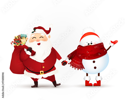 Santa Claus with gift bag full of gift boxes, christmas present and snowman waving hand isolated on white background. Vector illustration © pipochka