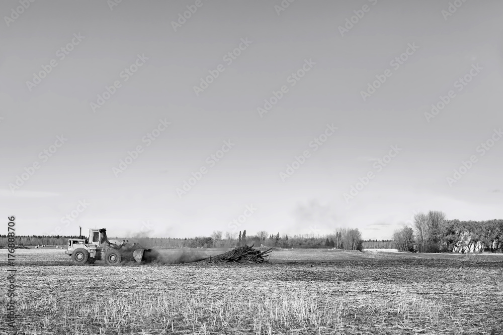 A black and white photo of front end bucket loader pushing up a smoldering pile of tree limbs on a harvested field on a sunny autumn rural landscape