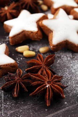 Baking christmas cookies. Typical cinnamon stars bakery