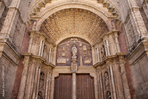 Close up view of one of doors of Catedral de Mallorca. It is more commonly referred to as La Seu, is a Gothic Roman Catholic church.