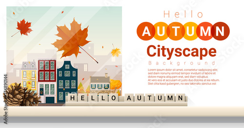 Letters spelling hello autumn on wooden table top with autumn cityscape background , vector , illustration
