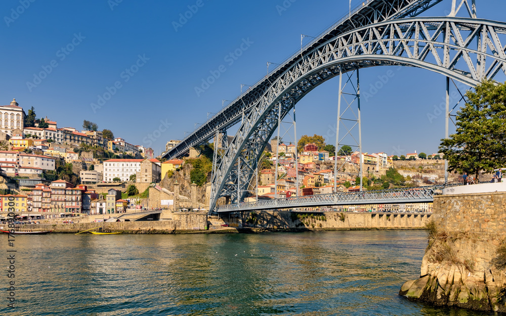 View of landmark Luis I bridge in Porto, Portugal