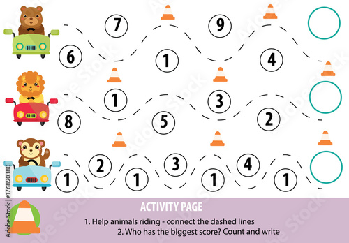 Activity page for children. Handwriting practice and mathematics. Educational game, printable worksheet for kids.