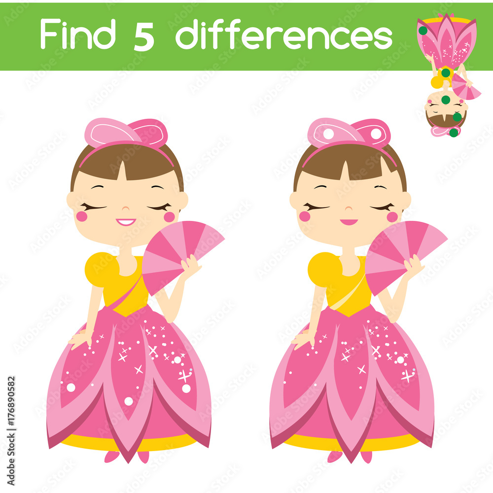 Find the differences educational children game. Kids activity sheet with princess character Find the differences educational children game. Kids activity sheet with princess character