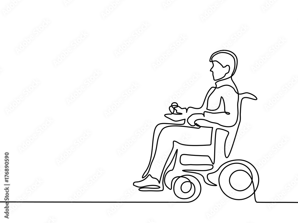 Continuous line drawing. Disabled man on electric wheelchair enjoy with moving. Vector illustration total editable, choose thickness and place of line Continuous line drawing. Disabled man on electric wheelchair enjoy with moving. Vector illustration total editable, choose thickness and place of line