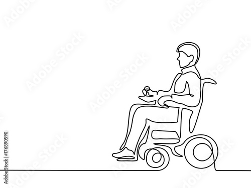 Continuous line drawing. Disabled man on electric wheelchair enjoy with moving. Vector illustration total editable, choose thickness and place of line