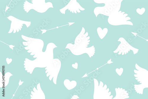 Seamless pattern with white love doves, hearts, arrows. Symbol and sign of Love on color background. Graphic design wrapping paper, wallpaper, background for Valentine Day. Vector Illustration © foxysgraphic