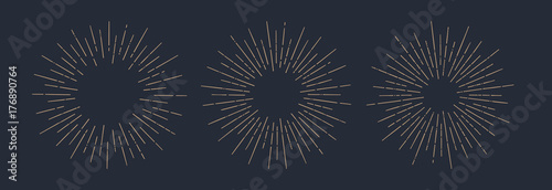 Set of light rays, sunburst and rays of sun. Design elements, linear drawing, vintage hipster style. Set light rays sunburst different size and saturation on dark backround. Vector Illustration