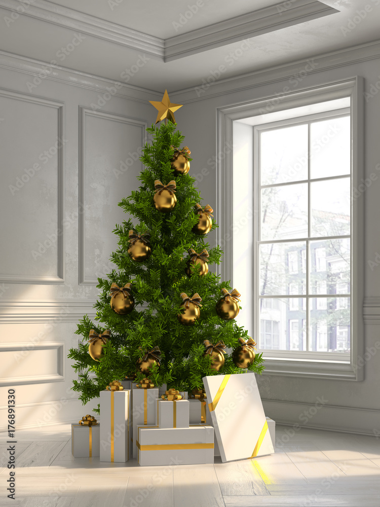 interior with christmas tree and gift boxes 3d illustration