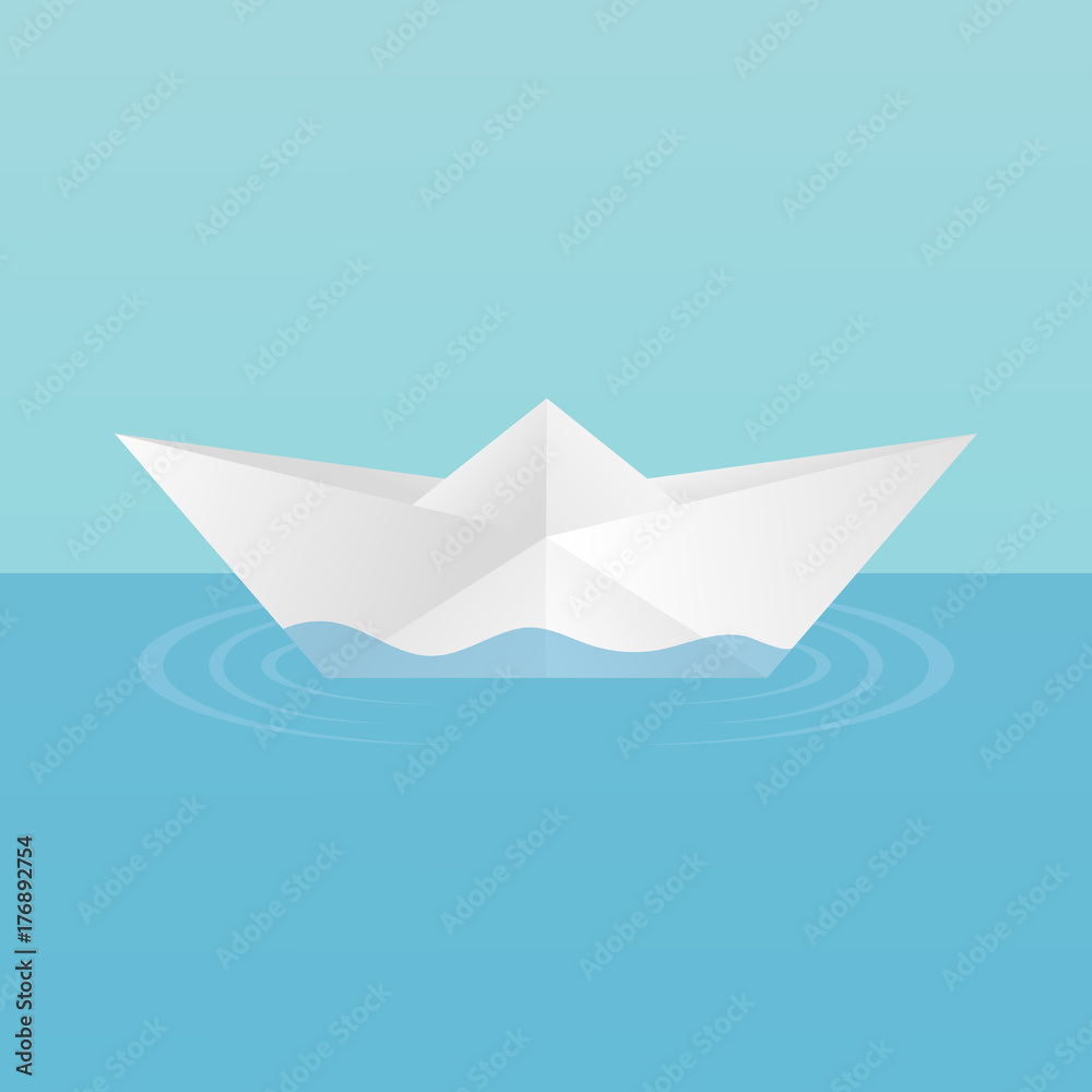 Obraz premium A children's toy boat made of paper afloat, leaving circles of ripples on the water. On a blue background. Vector image.