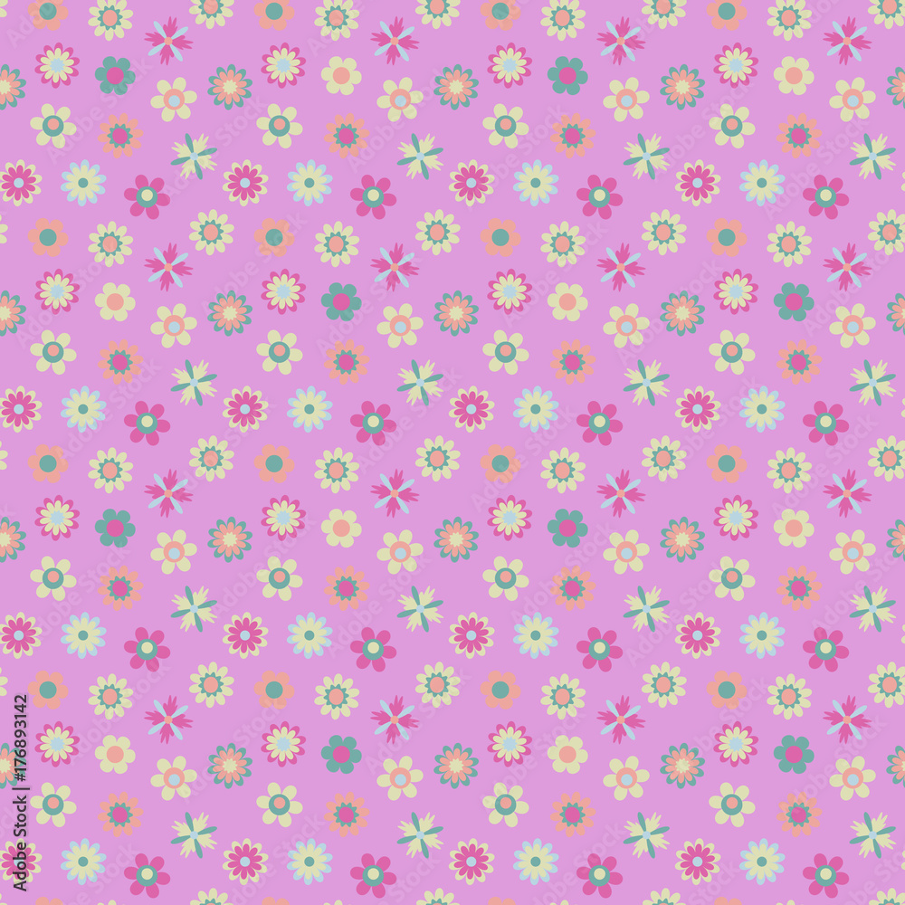 Seamless colorful texture with cartoon flowers in pastel tones on a pink background,vector. Pattern for decorating surfaces, print on fabric, wallpaper, packaging, gadgets, goods for children and more