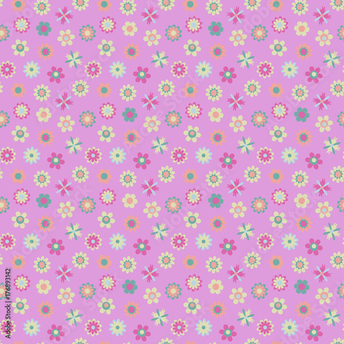 Seamless colorful texture with cartoon flowers in pastel tones on a pink background,vector. Pattern for decorating surfaces, print on fabric, wallpaper, packaging, gadgets, goods for children and more