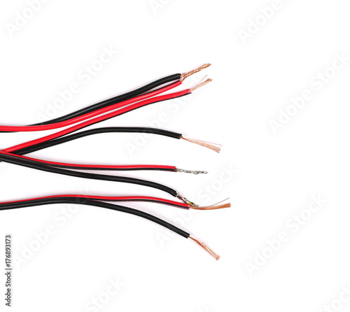 Black and red damaged, cut cable isolated on white background