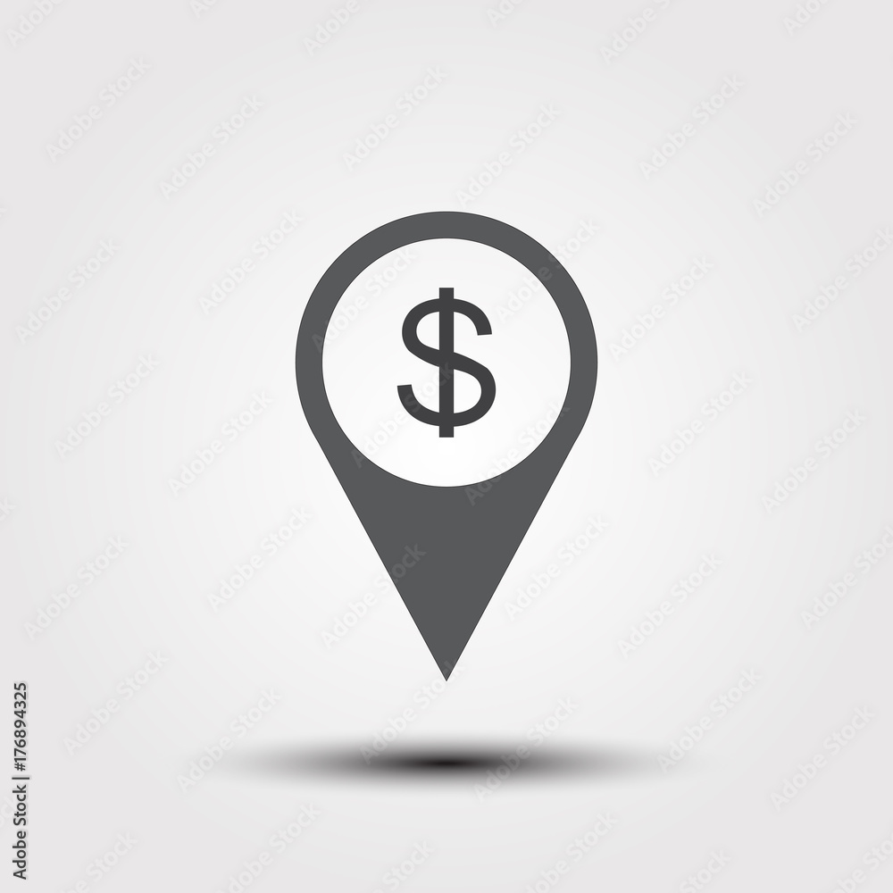 Bank atm location icon. Drop shadow map pointer silhouette symbol. Dollar sign pinpoint. Money exchange nearby. Vector isolated illustration Bank atm location icon. Drop shadow map pointer silhouette symbol. Dollar sign pinpoint. Money exchange nearby. Vector isolated illustration