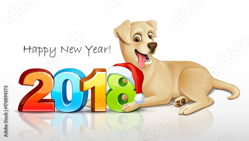 Labrador retriever. Year of the 2018 yellow dog. Illustration, vector, isolatad. 3D. Postcard.