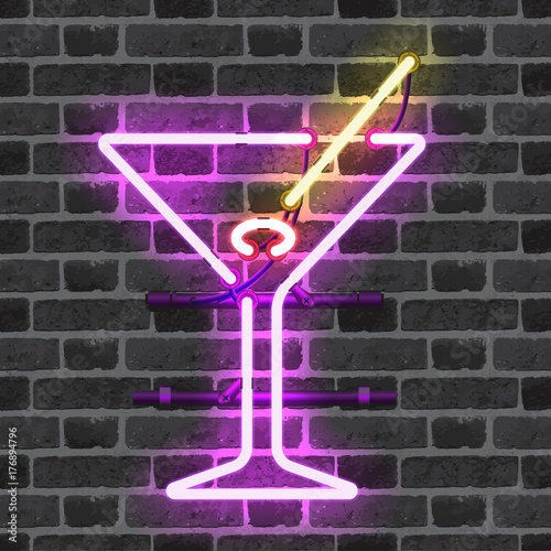 Glowing neon bar sign with martini glass, olive and stick on brick wall background. Shining and glowing neon effect. All elements are separate units with wires, tubes, brackets and holders.