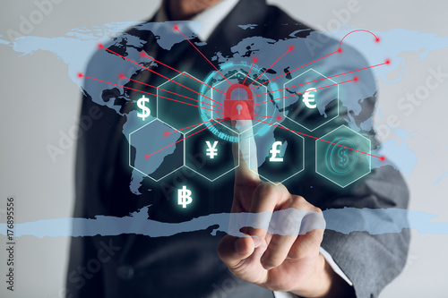 double exposure, businessman is touching scan identity to open hologram and unlock data online global to link viral information, cybersecurity technology background.