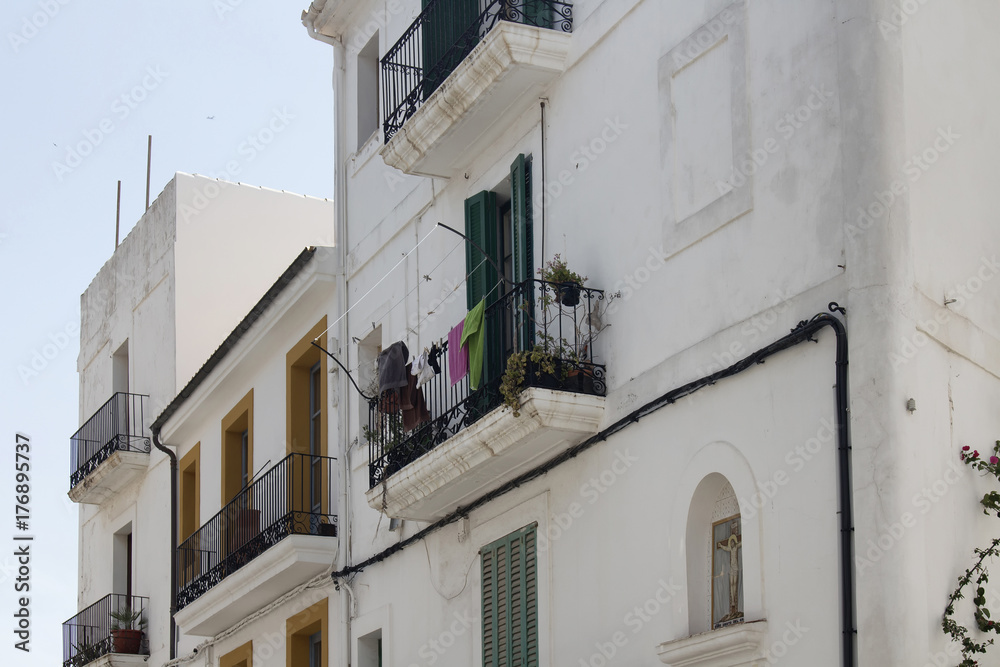 View of old, typical buildings in Ibiza. It is one of the Balearic islands, an archipelago of Spain in the Mediterranean Sea.