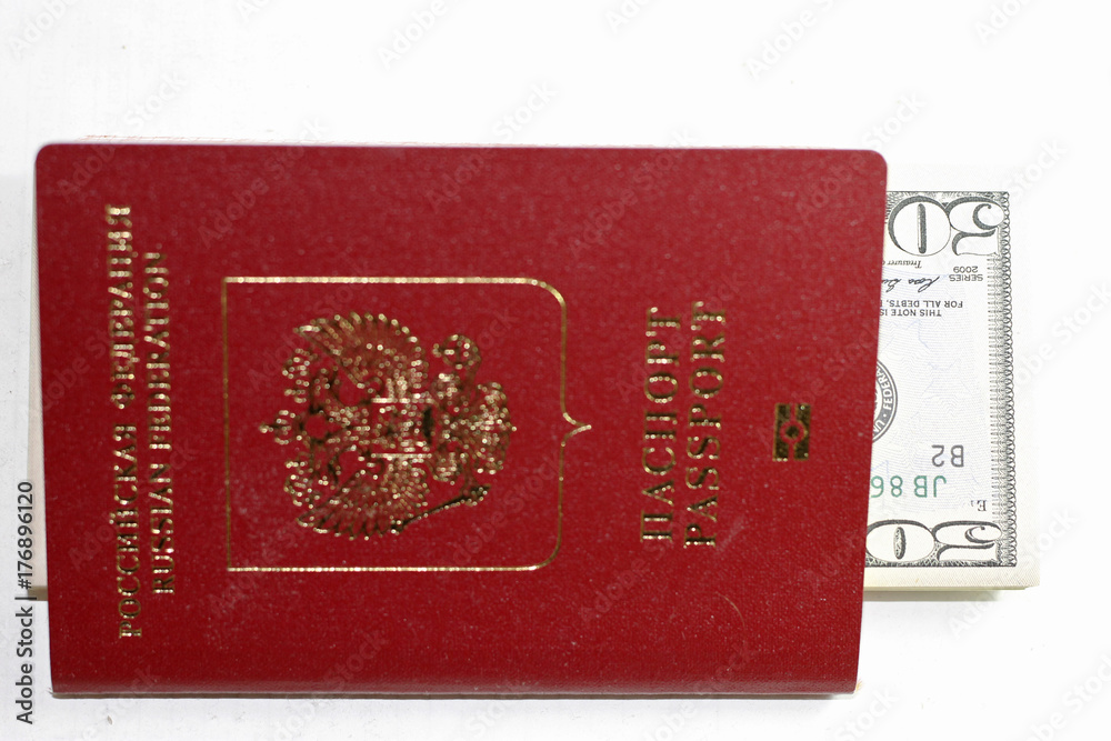 Russian Passport And Dollars USA Isolated On White Background