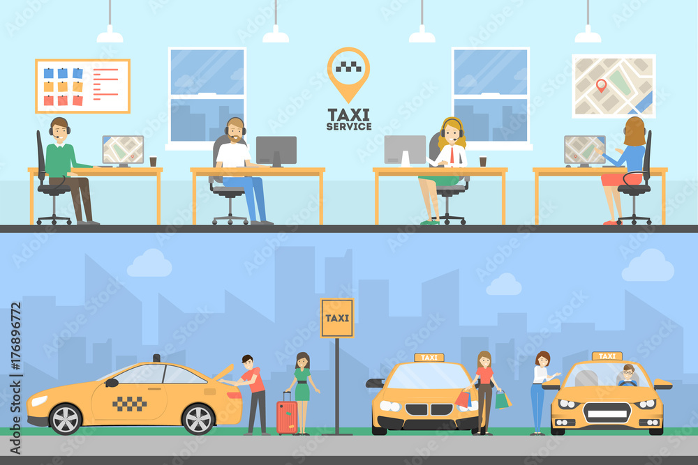 Taxi service set. Taxi service set.