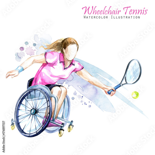 Watercolor illustration. Wheelchair Tennis sport. Figure of disabled athlete in the wheelchair with a racket. Active people. Disability and social policy. Social support.
