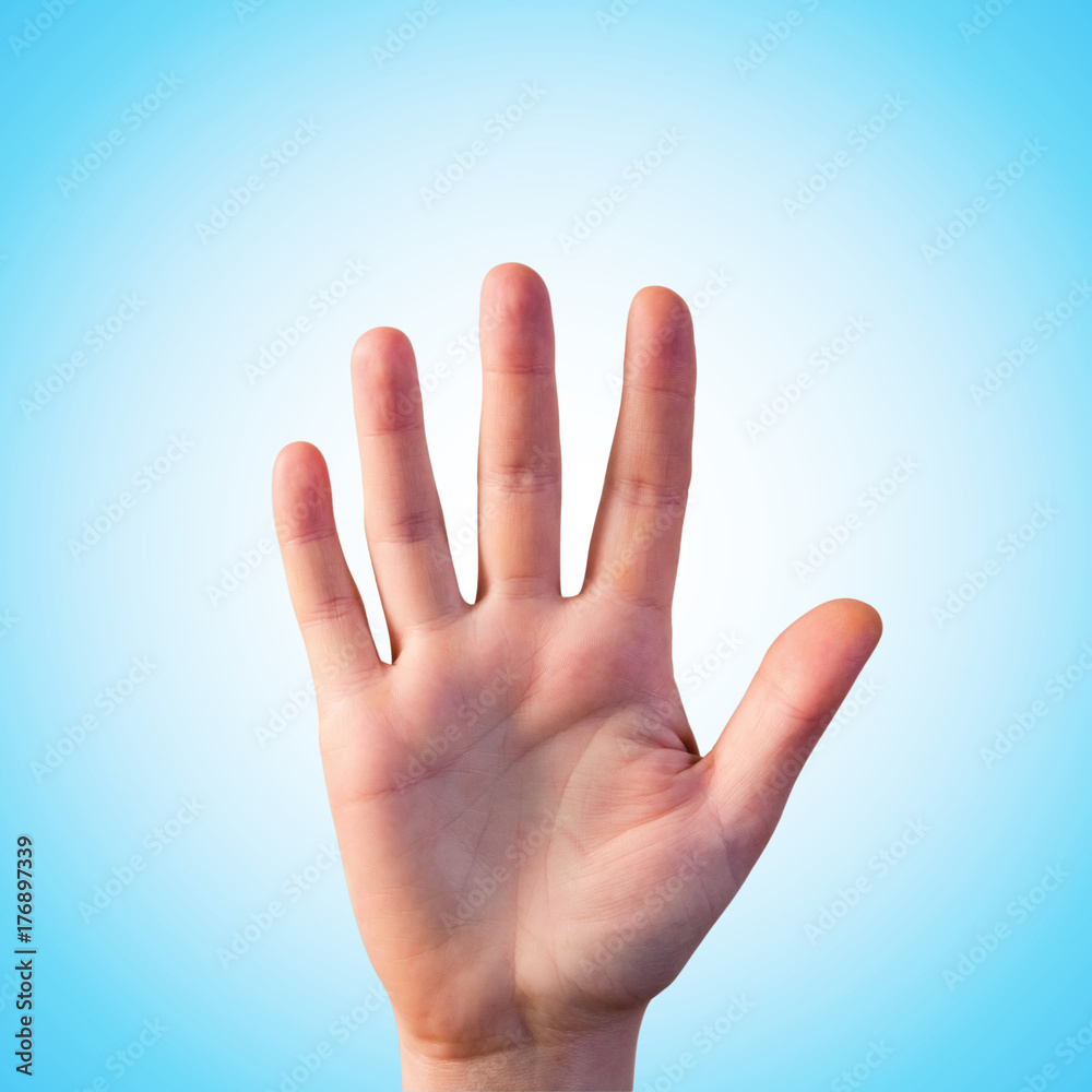 Man opened hand show five fingers on blue background Man opened hand show five fingers on blue background