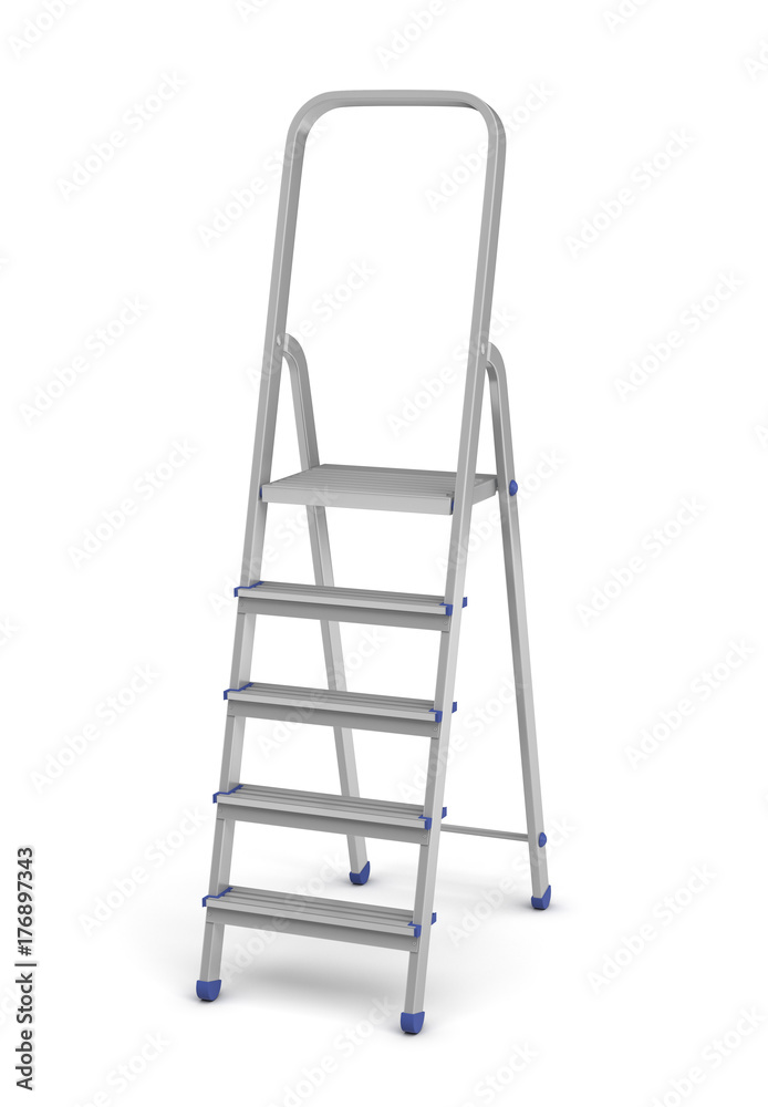 3d rendering of a metal builder's step ladder with blue fittings in side view on a white background. 3d rendering of a metal builder's step ladder with blue fittings in side view on a white background.