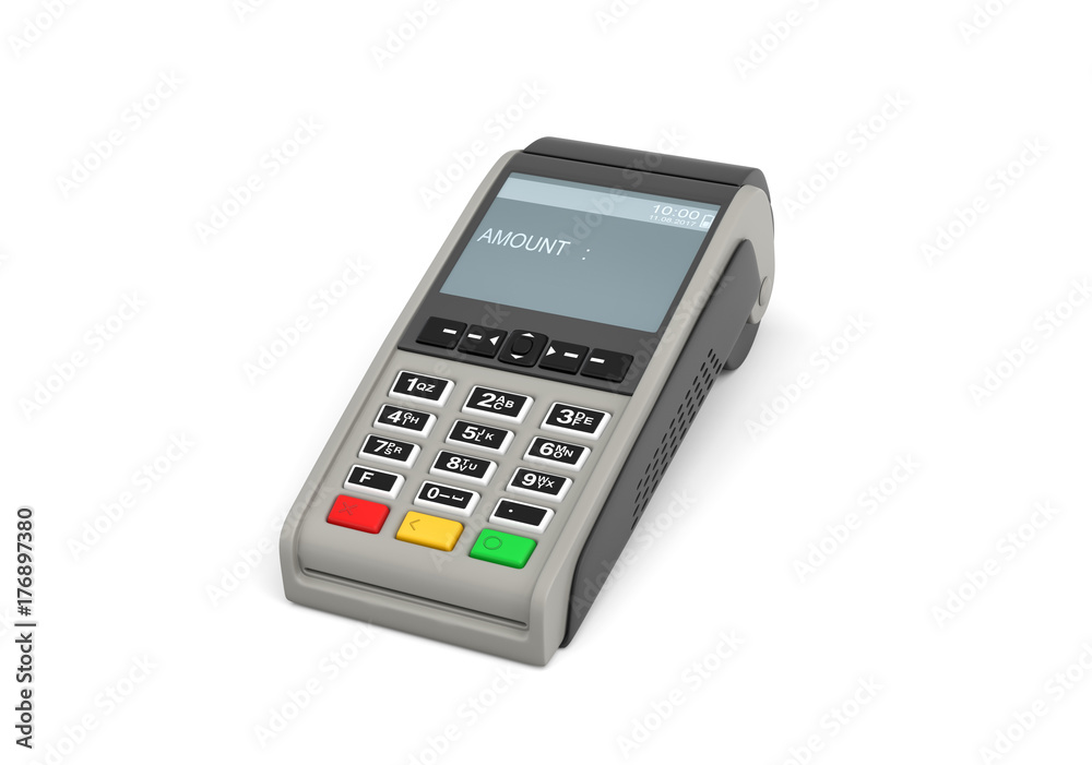 3d rendering of an empty card payment terminal in side view isolated on white background.