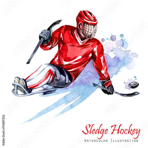 Watercolor illustration. Sledge Hockey. Disability snow sports. Figure of disabled athlete on the ice with a puck. Active people. Disability and social policy. Social support. Extreme games.