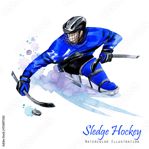 Watercolor illustration. Sledge Hockey. Disability snow sports. Figure of disabled athlete on the ice with a puck. Active people. Disability and social policy. Social support. Extreme games.