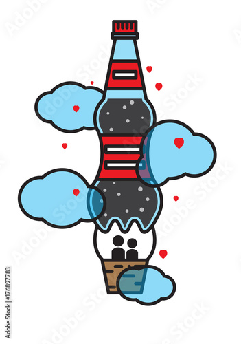 a guy and a girl are flying up  a big bottle of cola  an effervescent drink  a valentine s day and a soda  love in heaven Vector image  flat design
