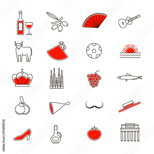 Symbol of Spain Thin Line Icon Set. Vector