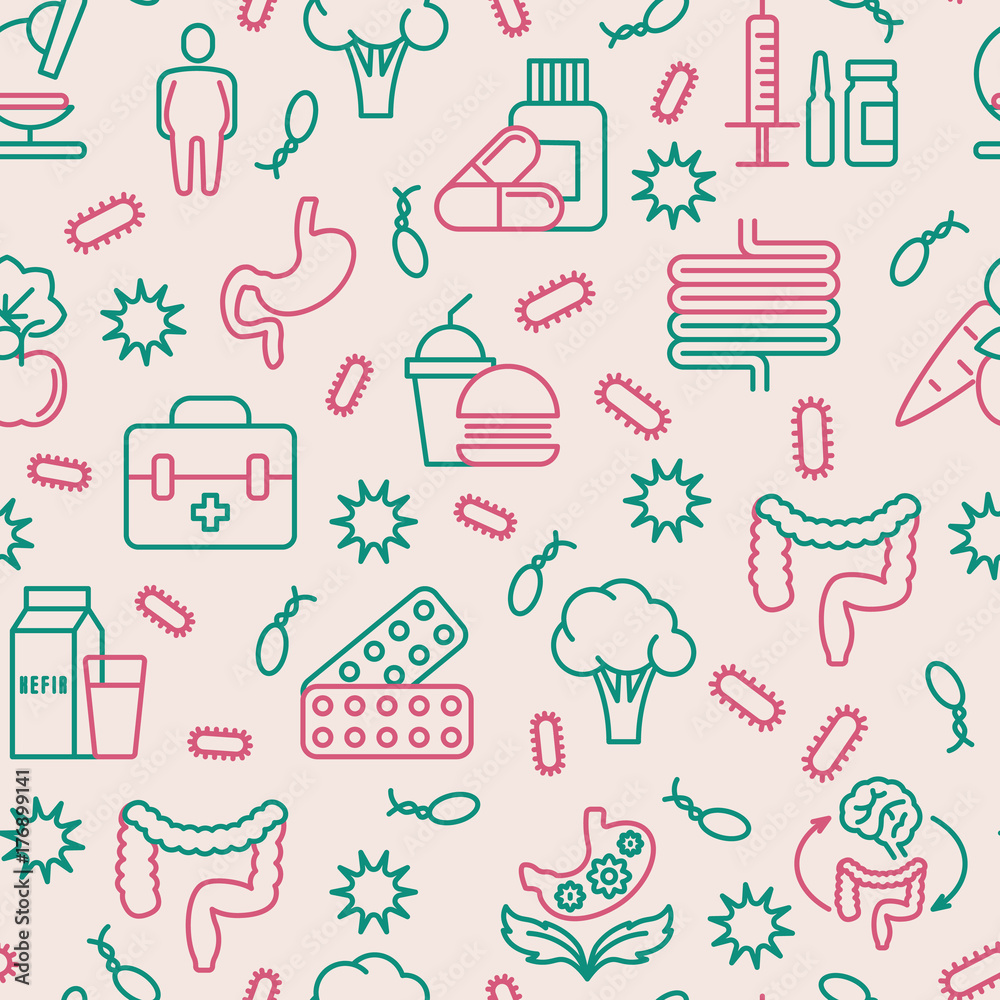 Gut flora seamless pattern with thin line icons: gut, bacteria, obesity, stomach, infection, depression, medicine. Vector illustration for medical survey or report. Gut flora seamless pattern with thin line icons: gut, bacteria, obesity, stomach, infection, depression, medicine. Vector illustration for medical survey or report.