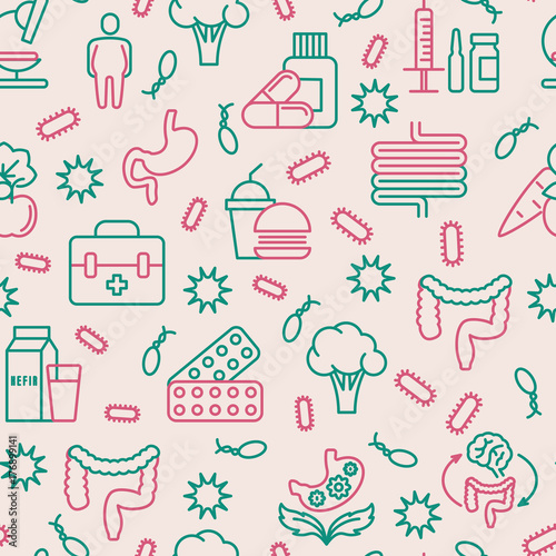 Gut flora seamless pattern with thin line icons: gut, bacteria, obesity, stomach, infection, depression, medicine. Vector illustration for medical survey or report.