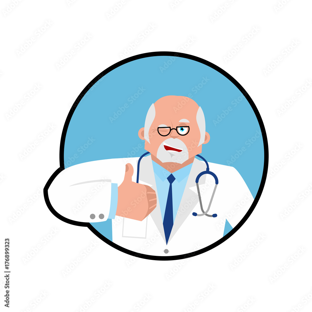 Doctor winks and thumb up. Happy Physician. Merry. Vector illustration