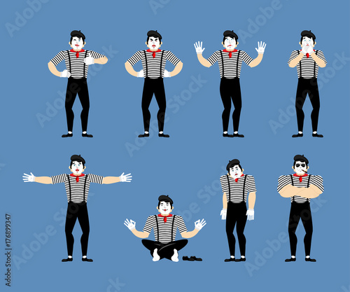 Mime set. Pantomime sad and yoga.  bewildered and angry. Mimic happy winks and thumb up. Vector illustration