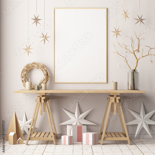 Mock up poster in the Christmas interior in Scandinavian style. 3D rendering