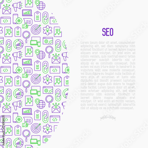 SEO and development concept in half circle with thin line icons. Vector illustration for banner, web page, print media with place for text.