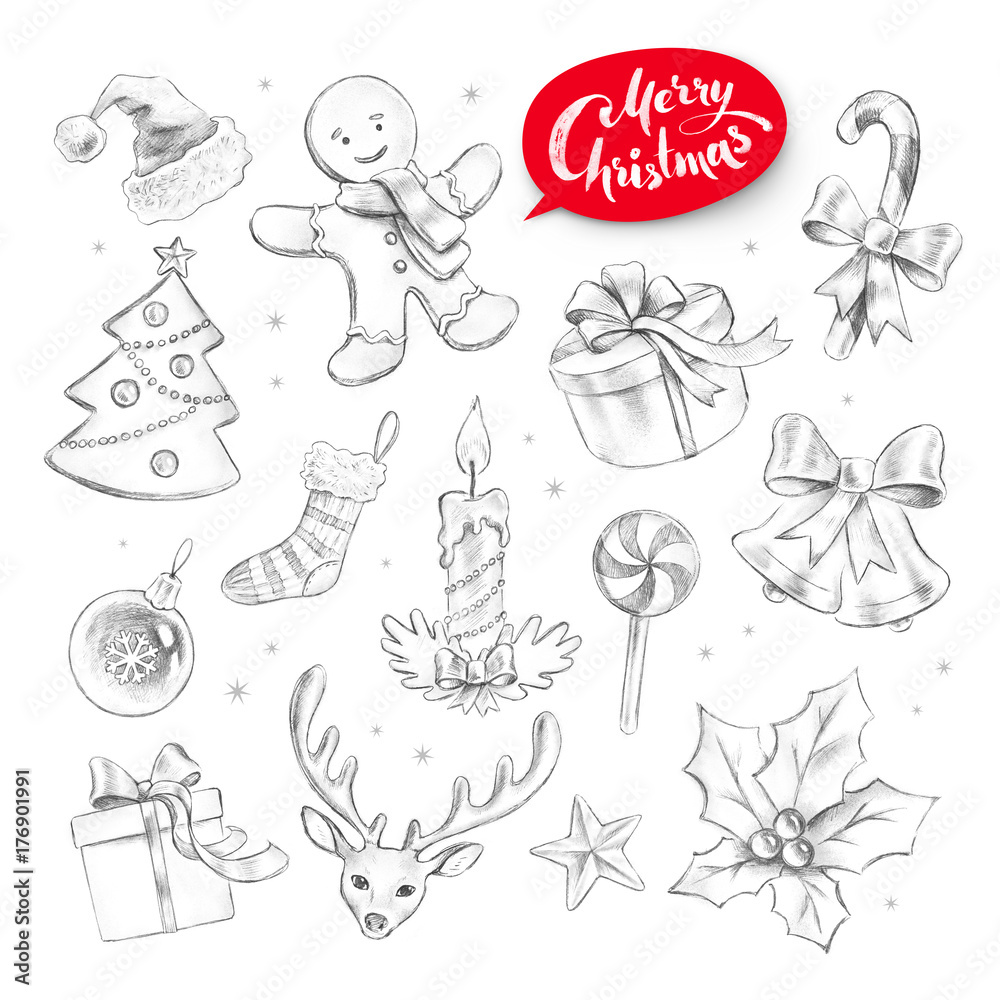 Graphite pencil collection of Christmas objects