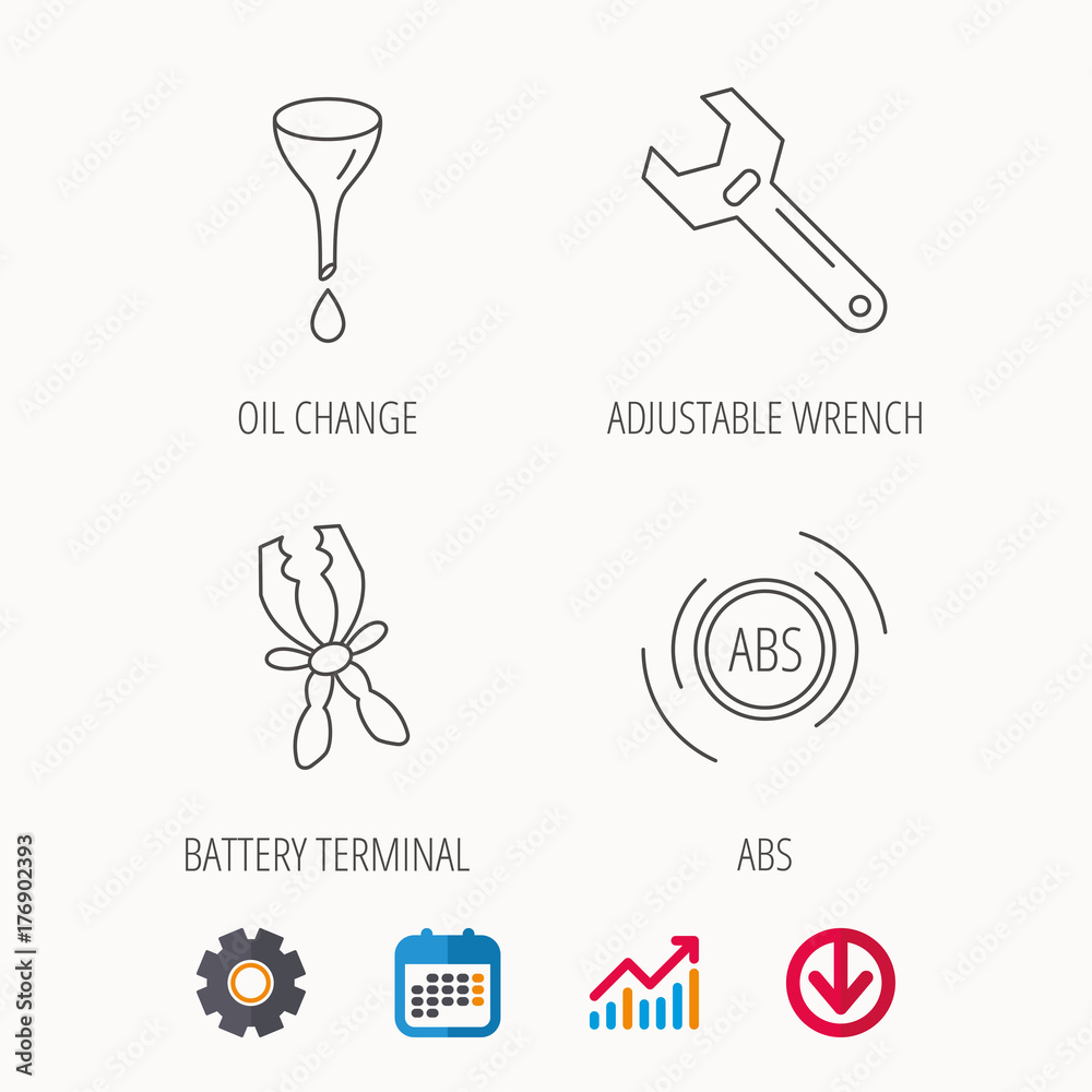 Adjustable wrench, oil change and abs icons. Adjustable wrench, oil change and abs icons.