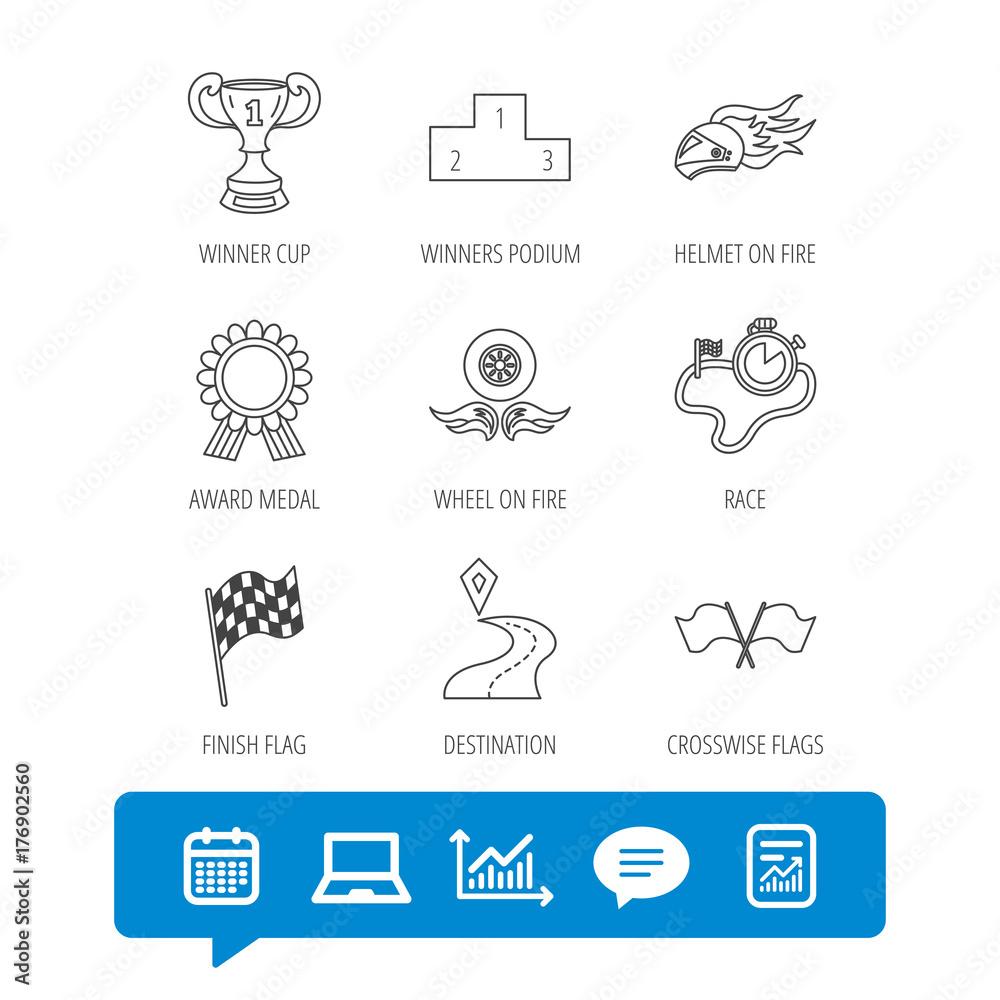 Winner cup and award icons. Race flag signs.